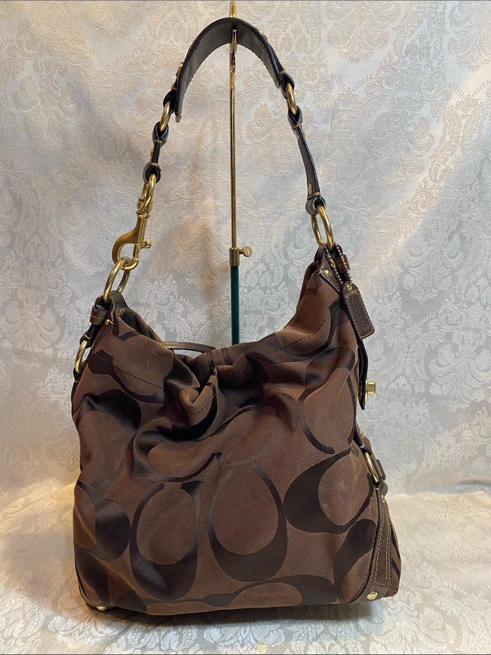 Coach 10620 Large Carly Brown Signature Canvas Shoulder Hobo Bag